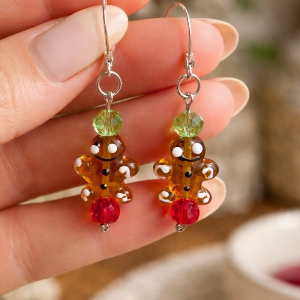 Artisan Glass Gingerbread Man Earrings Holiday Cute Christmas Dangle Lever-backs